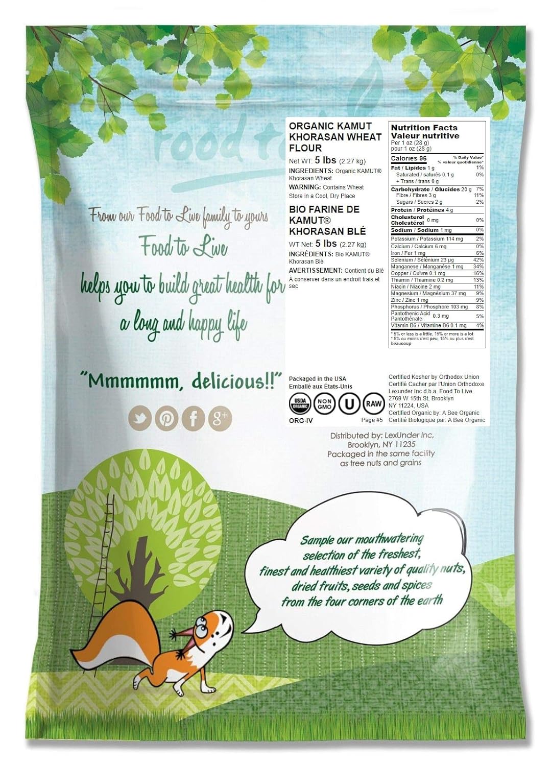 Food to Live Organic KAMUT Khorasan Wheat Flour, 5 Pounds – Stone Ground Powder, 100% Whole Grain Meal, Non-GMO, Kosher, Bulk