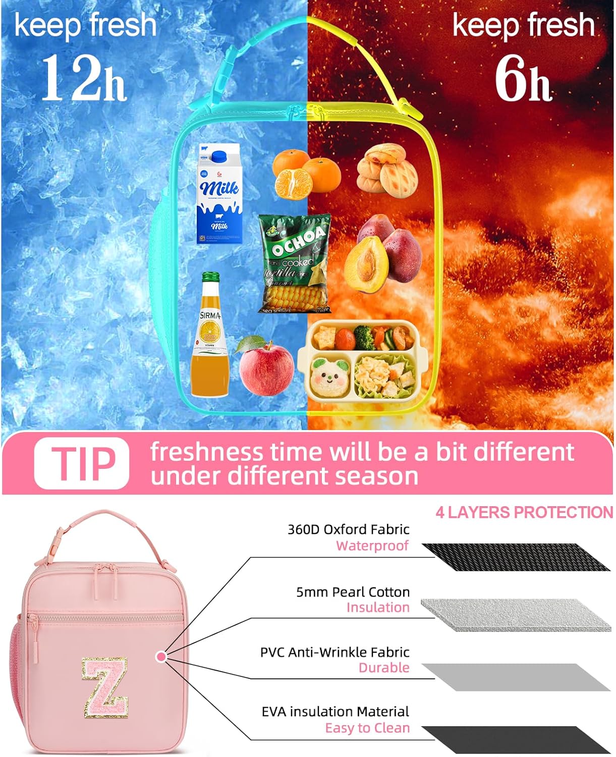 Initial Insulated Lunch Bag for Girls Kids, Back to School Gift, Reusable Leak-proof Lunch Box with Adjustable Strap for School Daycare Travel Picnic (Pink,Z)