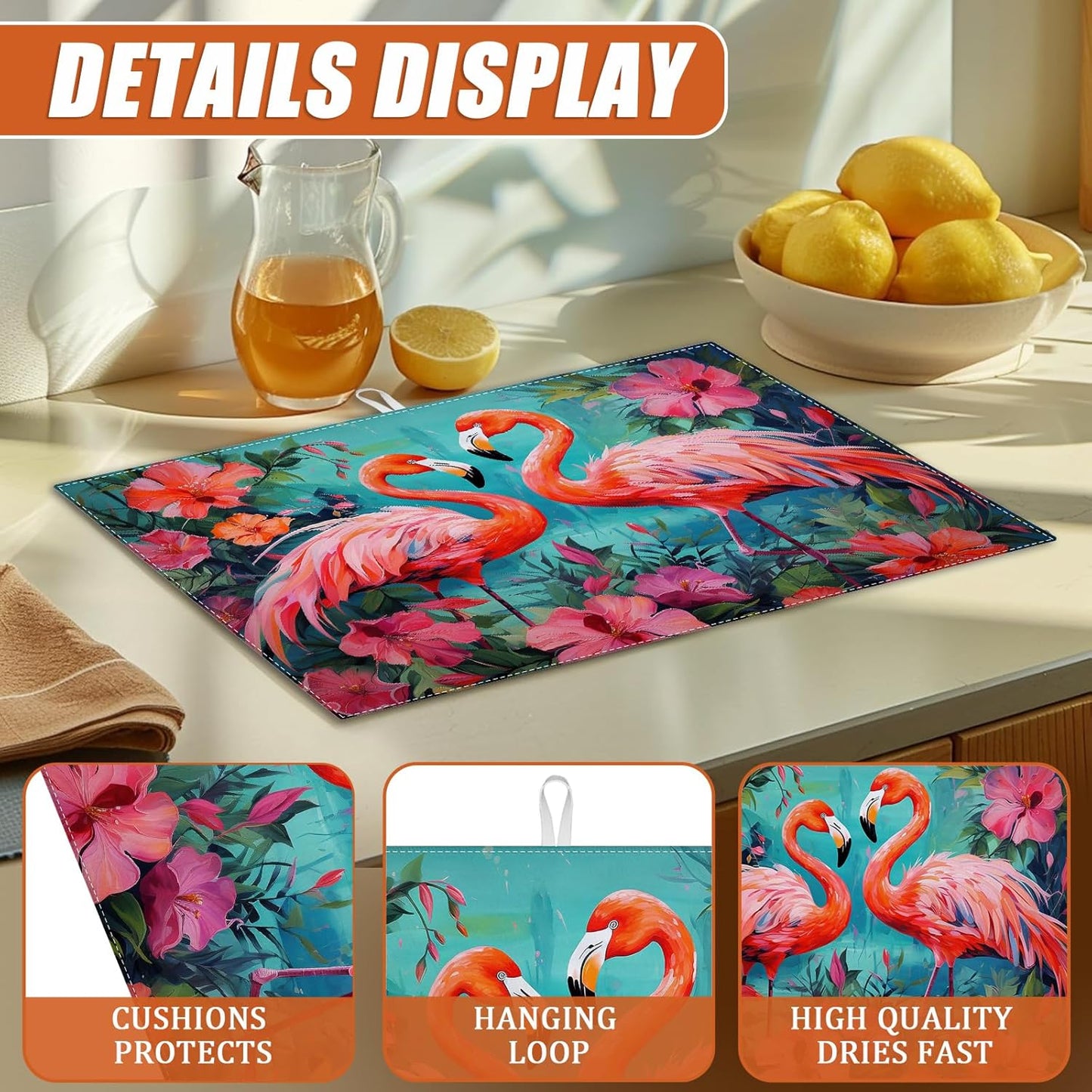 Tropical Flower Flamingo Dish Drying Mat for Kitchen Counter Microfiber Absorbent Dish Kitchen Drying Mat Draining Reusable Washable for Dishes/Utensils/Counterto