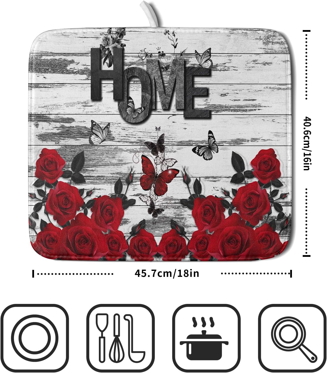 Red Rose Dish Drying Mat 16x18 inch Romantic Floral Absorbent Microfiber Sink Counter Dishware Drainer Pad for Kitchen Coffee Bar Decor