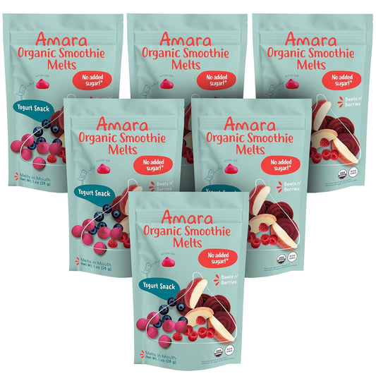 Amara Smoothie Melts - Beets n' Berries - Baby Snacks Made With Fruits and Vegetables - Healthy Toddler Snacks For Your Kids Lunch Box - Organic Yogurt Melts - 6 Resealable Bags