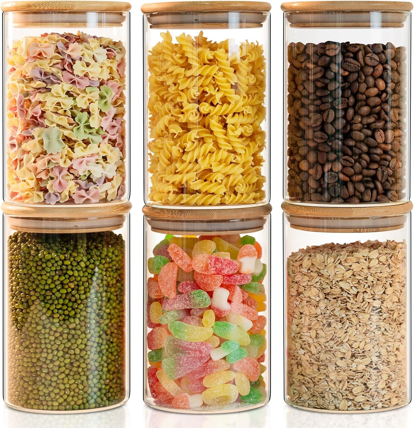 Glass Food Storage Jars 6-Pack 37oz - 4x6 in-Clear Glass Food Canisters with Bamboo Lid Airtight For Serving Tea, Coffee, Flour, Sugar, Candy, Cookie, Spice and More (Circular)