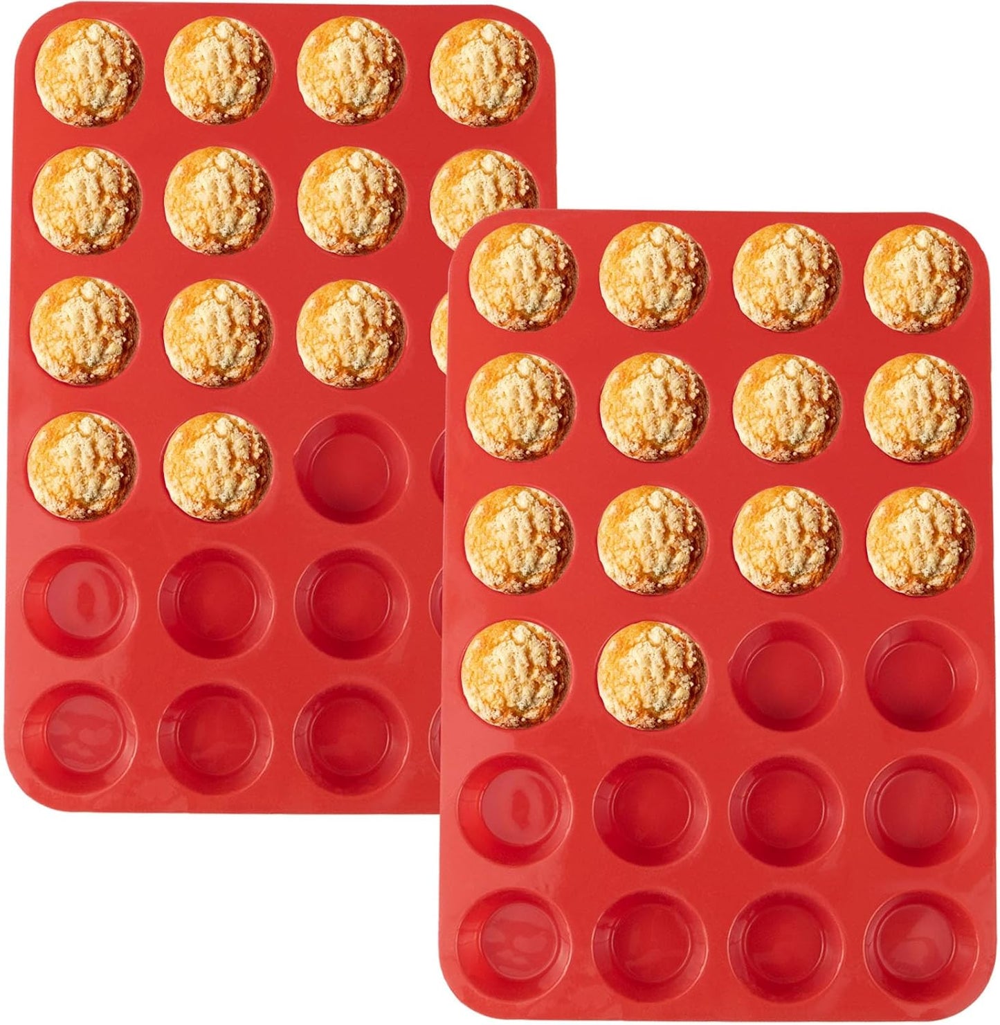 24 Cups Silicone Mini Muffin Pan Set, Nonstick Mini Cupcake Pans, BPA Free Small Muffin Tin for Baking, Set of 2 (Red+Red)