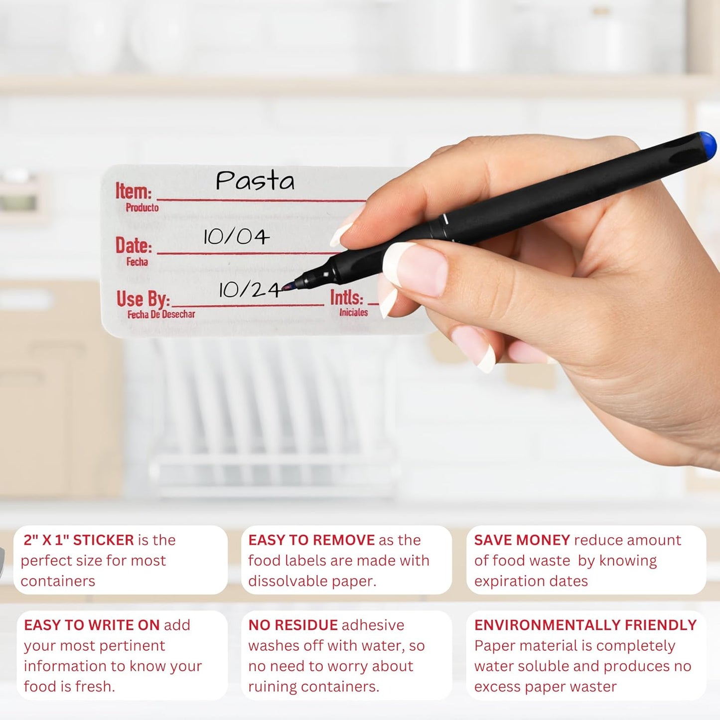 2x1 Dissolvable Food Labels, 250 Label Stickers, Bottle Labels for Storage Bins, Sticker Labels for Food containers, (250, Red)