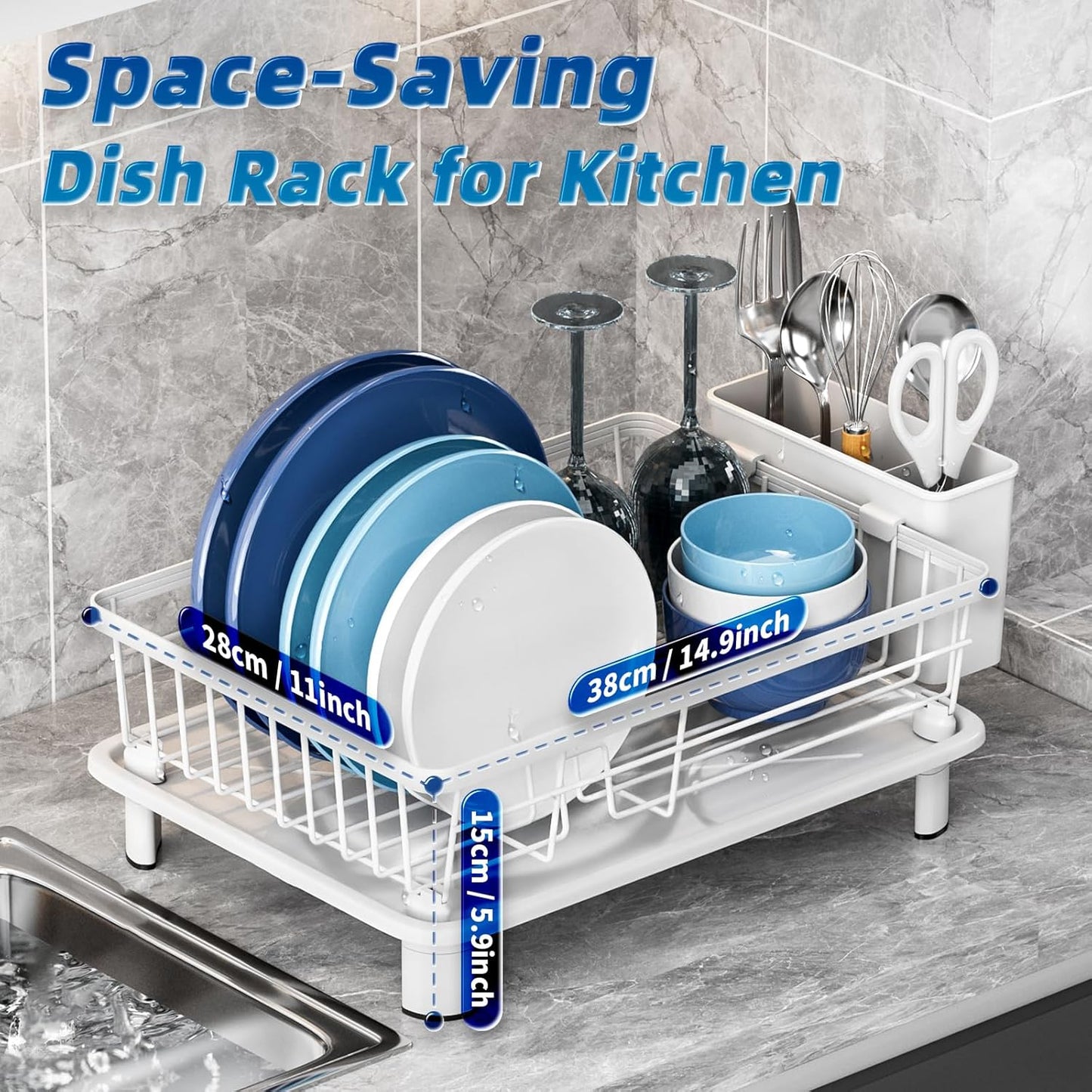 Dish Drying Rack, Space-Saving Dish Rack, Dish Racks for Kitchen Counter, Drying Rack Kitchen with Removable Utensil Holder, and Automatic Drainage Drainboard, 11''W x 15''L, White
