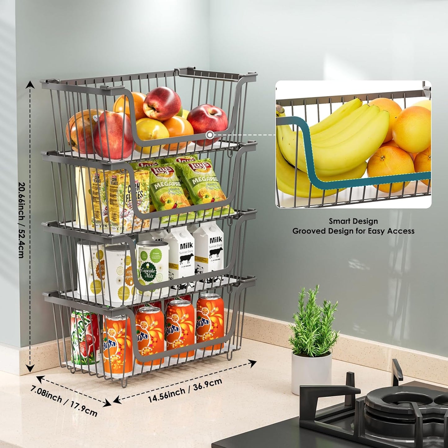 4 Pcs Stackable Wire Baskets for Pantry Organizers and Storage,Vegetable Fruit Basket for Countertop,Kitchen Storage Metal Baskets,Produce Potato Onion Storage Bin,Gray