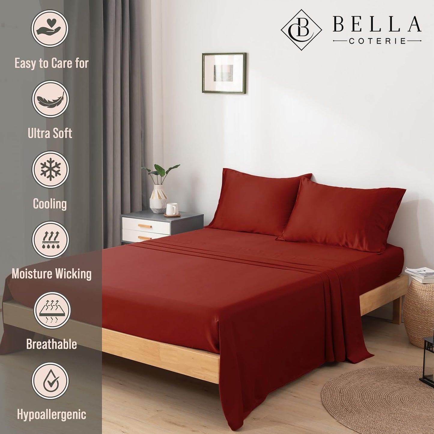 Bella Coterie Luxury Bamboo Viscose Split King Size Sheet Set | 100% Organically Grown | Ultra Soft | Cooling for Hot Sleepers | 18" Deep Pocket [Merlot]