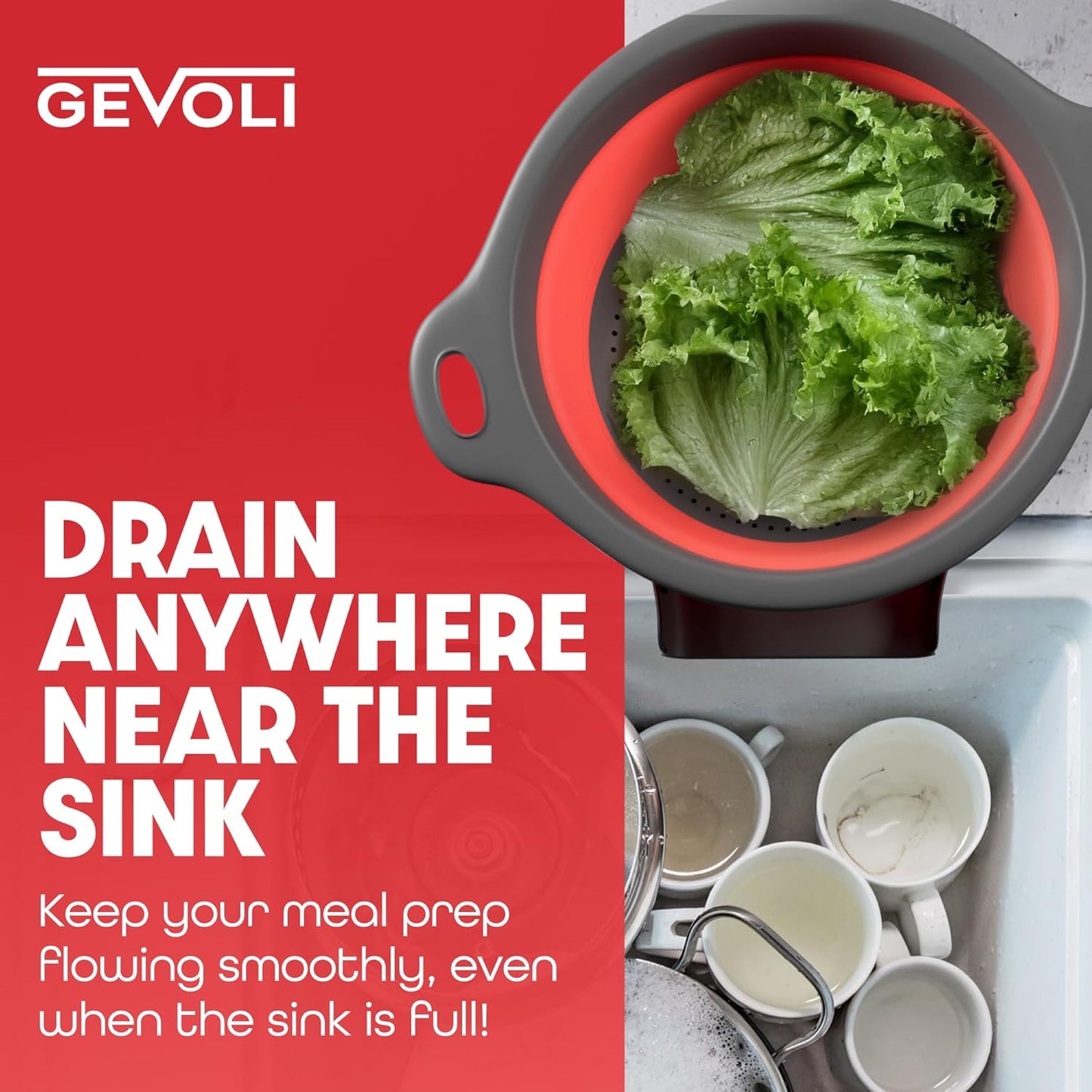 Strainer with Self-Draining Base (5QT) Over-Sink Collapsible Kitchen Colander Set with Side-drain Base for Pasta Vegetables and Fruit, XL Large Capacity, Dishwasher Safe (5-Quart) Red/Gray