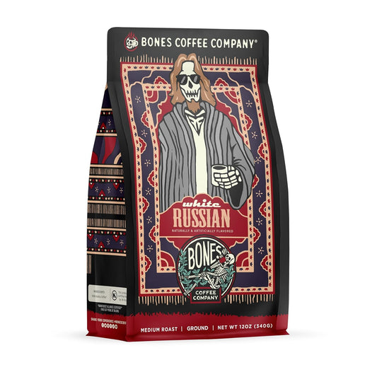 Bones Coffee Company White Russian, Cream and Cocktail Flavored Coffee, Medium Roast Low Acid Arabica Beans Compatible with Auto drip and French Press Coffee Maker, 12 Oz Ground