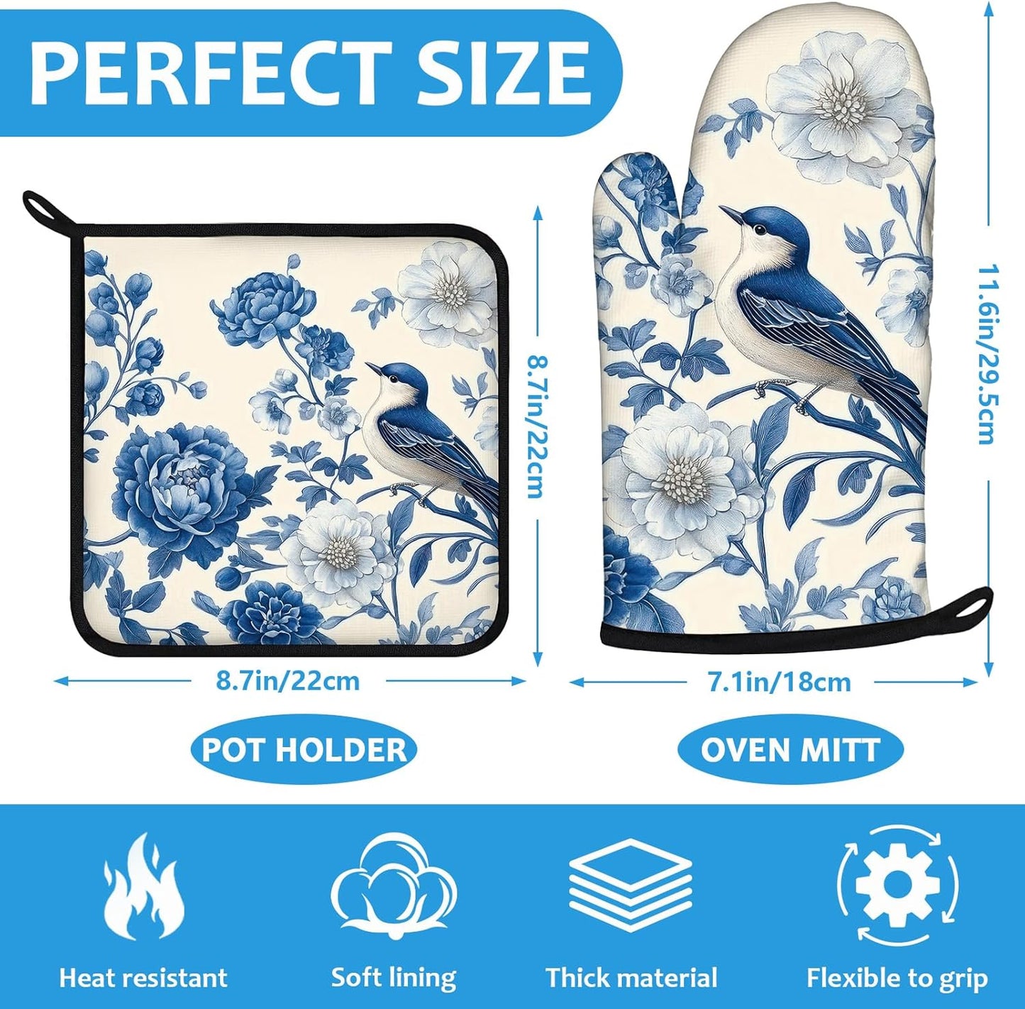 Blue Bird Blooming Flower Oven Mitts and Pot Holders Sets Heat Resistant 4Pcs Potholders Oven Gloves Hot Pads for Kitchen Baking Cooking Grilling BBQ