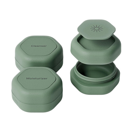 Cadence Travel Containers Basic Skincare Set - Magnetic Containers with Lids,Carry On Travel Essentials For Women/Men - 3 Small Capsules (0.56oz) - Cleanser, Moisturizer & Sun-Icon Labels - Eucalyptus