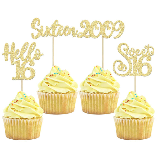 Gyufise 24pcs Sweet 16 Cupcake Toppers - Gold Glitter, Hello 16, Cupcake Picks, Cake Decorations for 16th Birthday Party Supplies