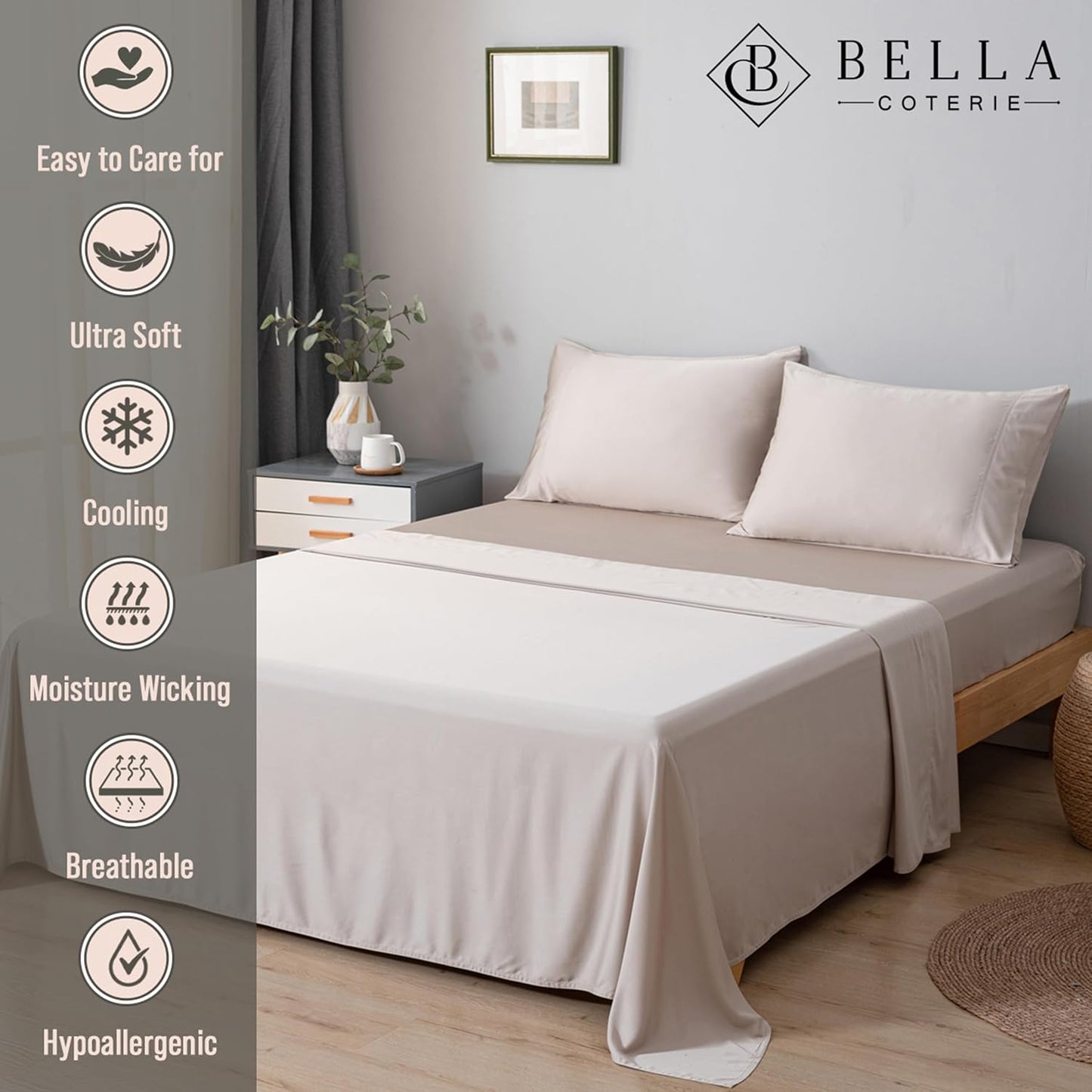 Bella Coterie Luxury Bamboo Viscose Cal King Size Sheet Set | 100% Organically Grown | Ultra Soft | Cooling for Hot Sleepers | 18" Deep Pocket [Dune]