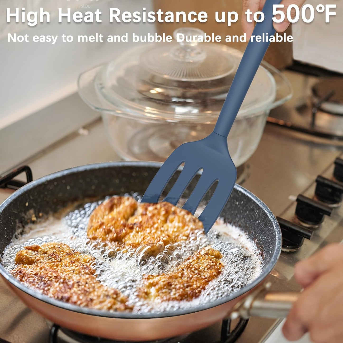 Coukre 2 Pack Silicone Spatula Set, High Heat Resistant, BPA Free Kitchen Spatula, Solid & Slotted Turner for Non-Stick Pans, Sautéing, and Flipping (2, PureDarkBlue)