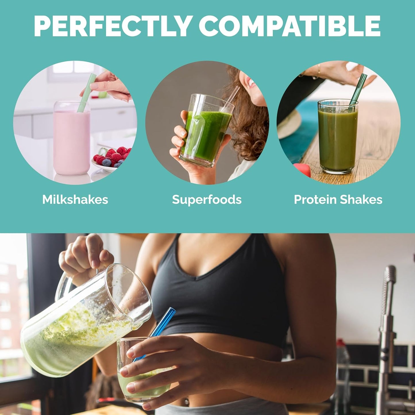 Simply Straws 8 Inch Wide Glass Straws (6-Pack) - 12mm Reusable Boba Straws for Milkshakes & Smoothies, with Cleaning Brush - Dishwasher Safe, Hot & Cold Use, BPA-Free (Seaglass)