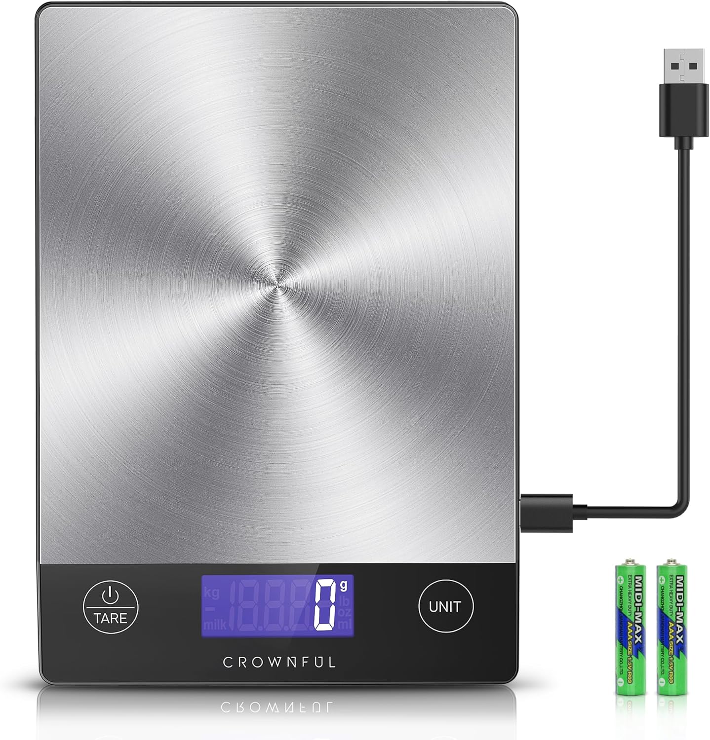 CROWNFUL Food Scale, Rechargeable 304 Stainless Steel Digital Kitchen Scale Upto 33lb Weight Grams and Ounces with LCD Display and Type-C Charging for Baking and Cooking