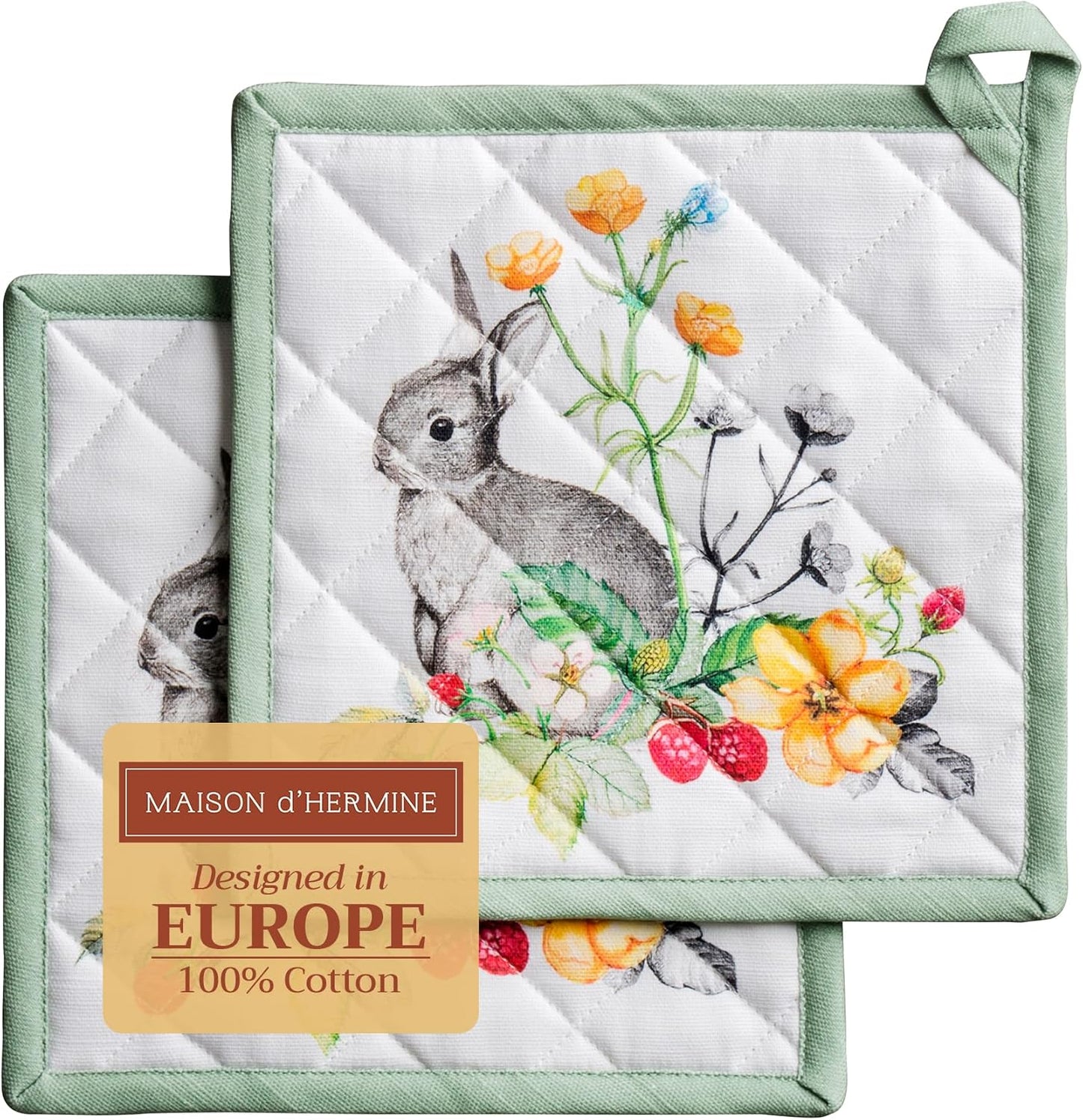 Maison d' Hermine Pot Holders Set 100% Cotton Heat Resistant Potholders 8" x 8" Hot Pads with Loop BBQ, Cooking, Baking, Grilling, Kitchen, Handling Hot Pans Spring/Summer (Pack of 2, Printemps)