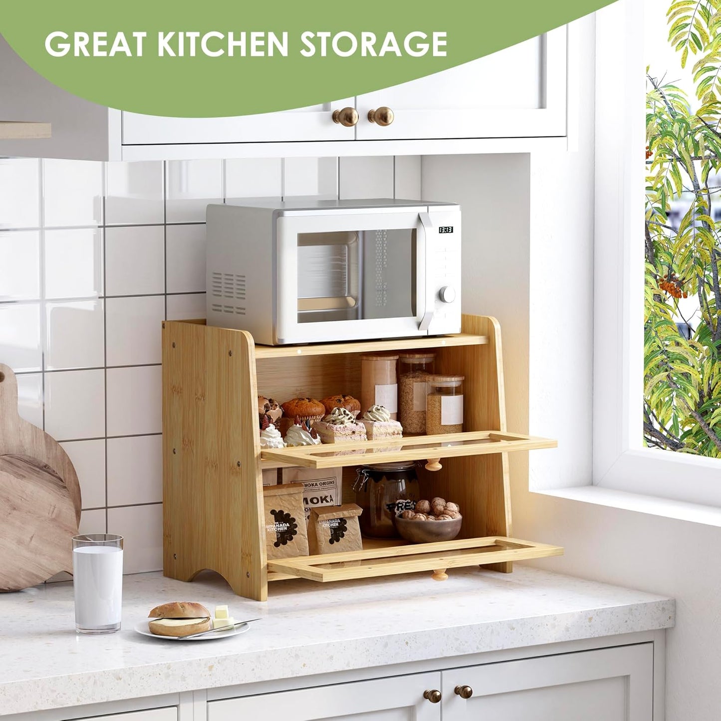 Double Layer Bread Box for Kitchen Countertop, Large Breadbox Bread with Windows, Wooden Farmhouse Bread Holder (Natural Bamboo)