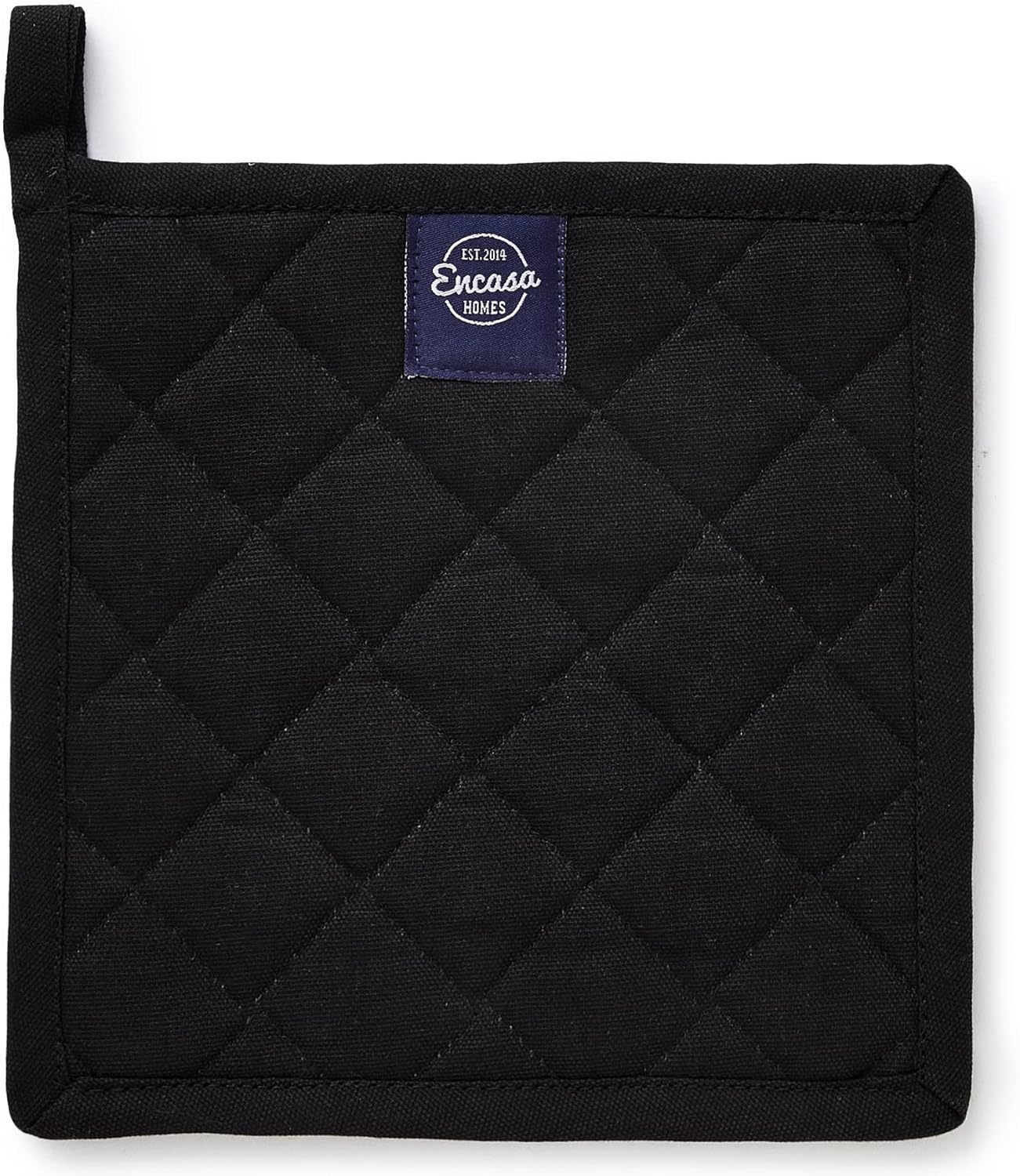 Encasa XO Heat Resistant Cotton Pot Holders with Hanging Loop - Set of 2 - Full Black - Multipurpose Quilted Everyday Hot Pad for Kitchen, Camping, BBQ & Microwave - 8x8 in