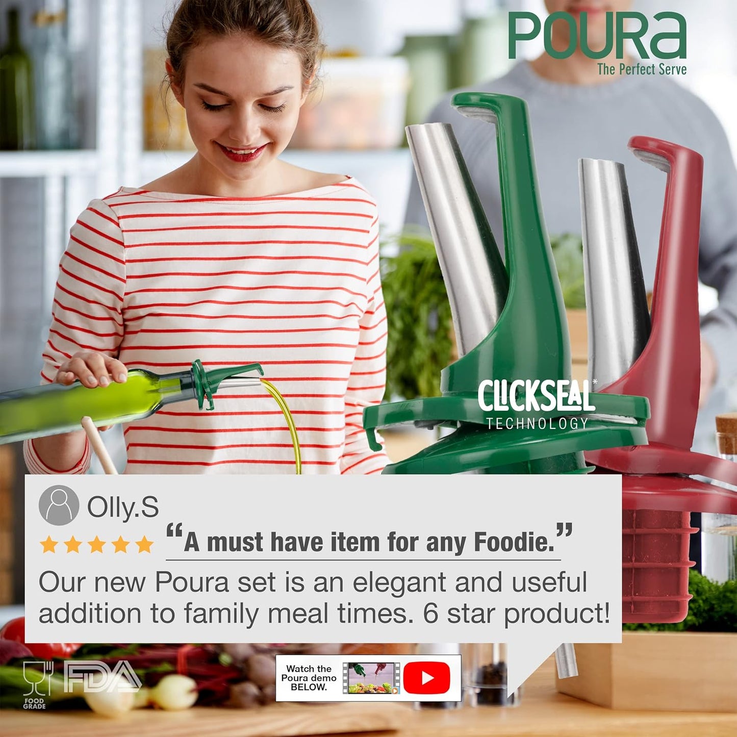 Poura Oil and Vinegar Dispenser Spouts | Airtight ClickSeal Bottle Pourers Keeps Oil Fresh with Built-in Caps | Use Your Own Bottles as Oil & Vinegar Dispensers | Dishwasher Safe