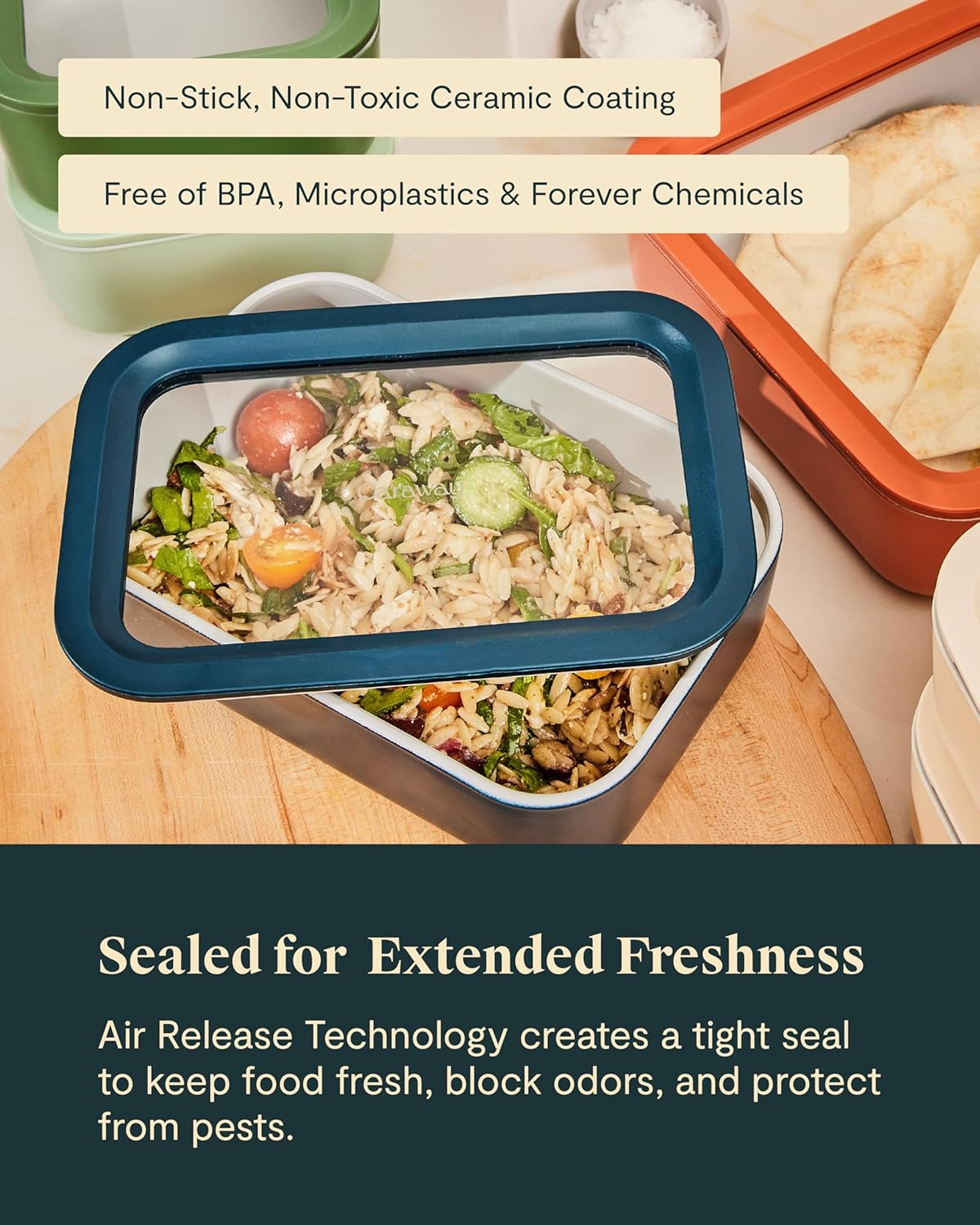 Caraway Glass Food Storage - 6.6 Cup Glass Container - Ceramic Coated Food Container - Non Toxic, Non Stick - Dishwasher, Oven, & Microwave Safe – Gray