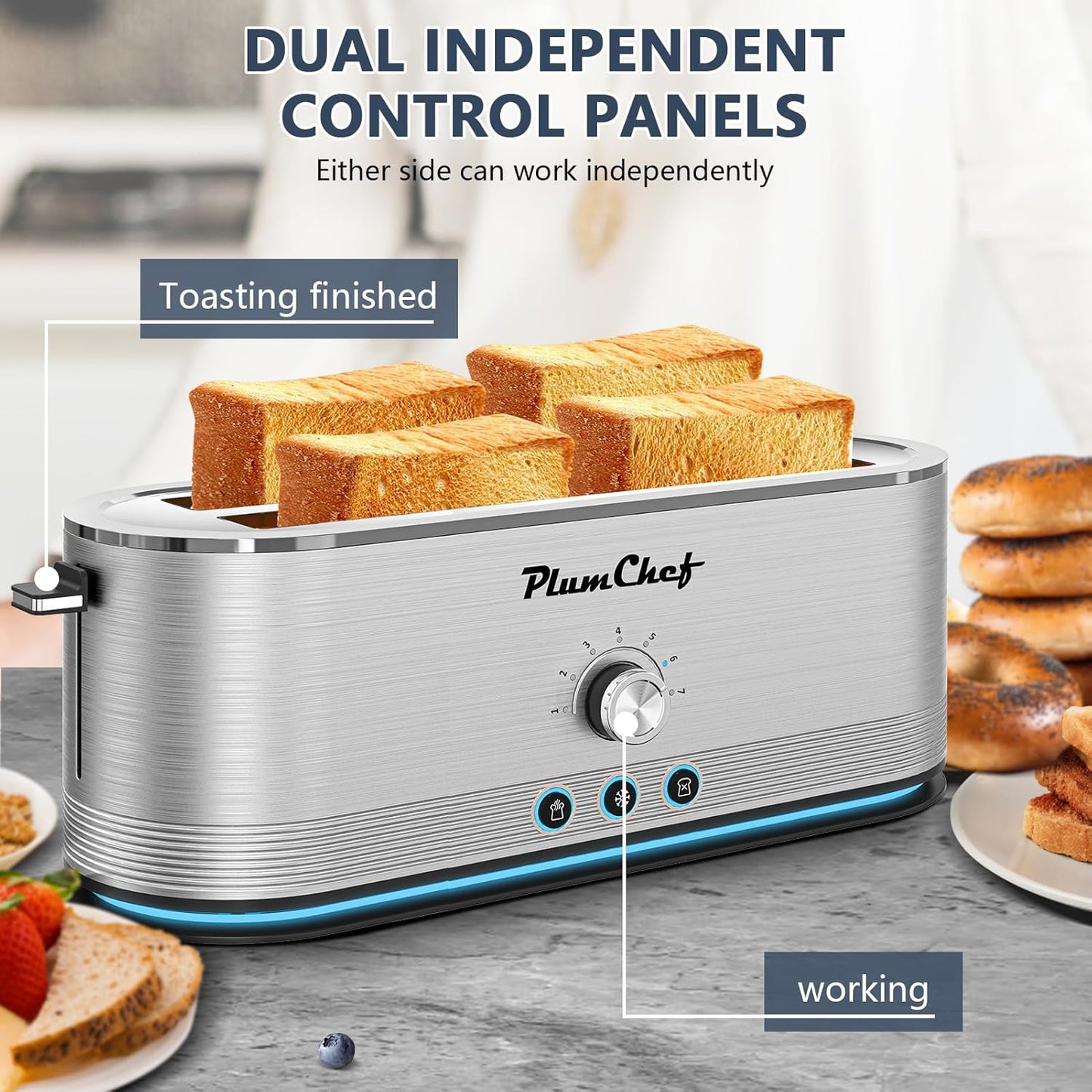 4-Slice long Slot Toaster, 7 Browning Settings, Defrost/Reheat Functions, Removable Crumb Tray, Full body Stainless Steel Housing, 1350W, Anti-Fingerprint & Anti-Jam (2, Sliver)