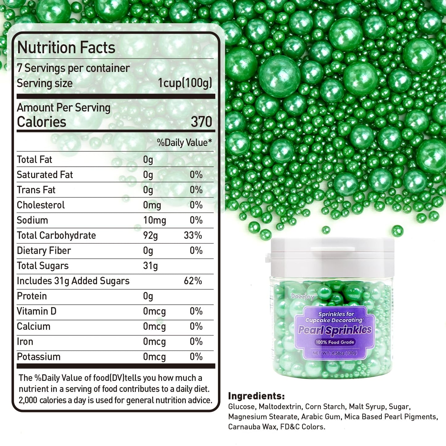 Edible Deep Green Pearl Sprinkles, 130g/4.58oz, Green Pearls Sprinkles for Cake Decorating, Cupcake Toppers, Cake Decorations