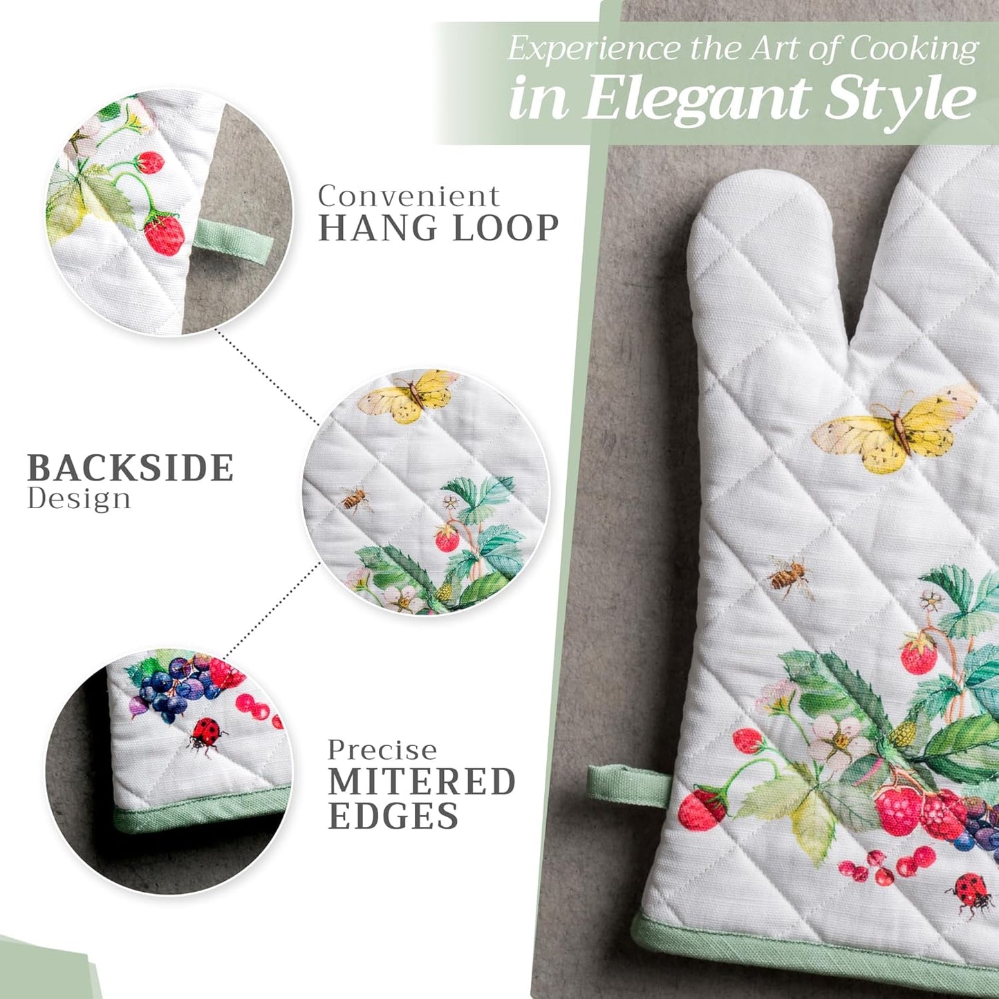 Maison d' Hermine 100% Cotton Oven Mitt & Pot Holder Set (7.5"x13" & 8"x8") Heat Resistant BBQ Cooking Gloves with Loop, Baking, Grilling, Kitchen, Handling Hot Pans Spring/Summer (Printemps)