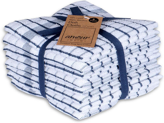 AMOUR INFINI Kitchen Dish Cloths Set of 8 - Ultra Soft, Highly Absorbent, Quick-Drying Terry Cotton Dishcloths 12"x12" Inch Wash & Cleaning Cloths for Kitchen & Dishwashing (Blue)