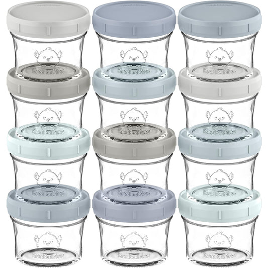 KeaBabies 12pk 4oz Glass Baby Food Containers with Lids - Leak-Proof, Microwavable Small Glass Jars, Baby Purees & Toddler Snack Storage Containers, BPA-Free, Dishwasher & Freezer Safe (Slate)