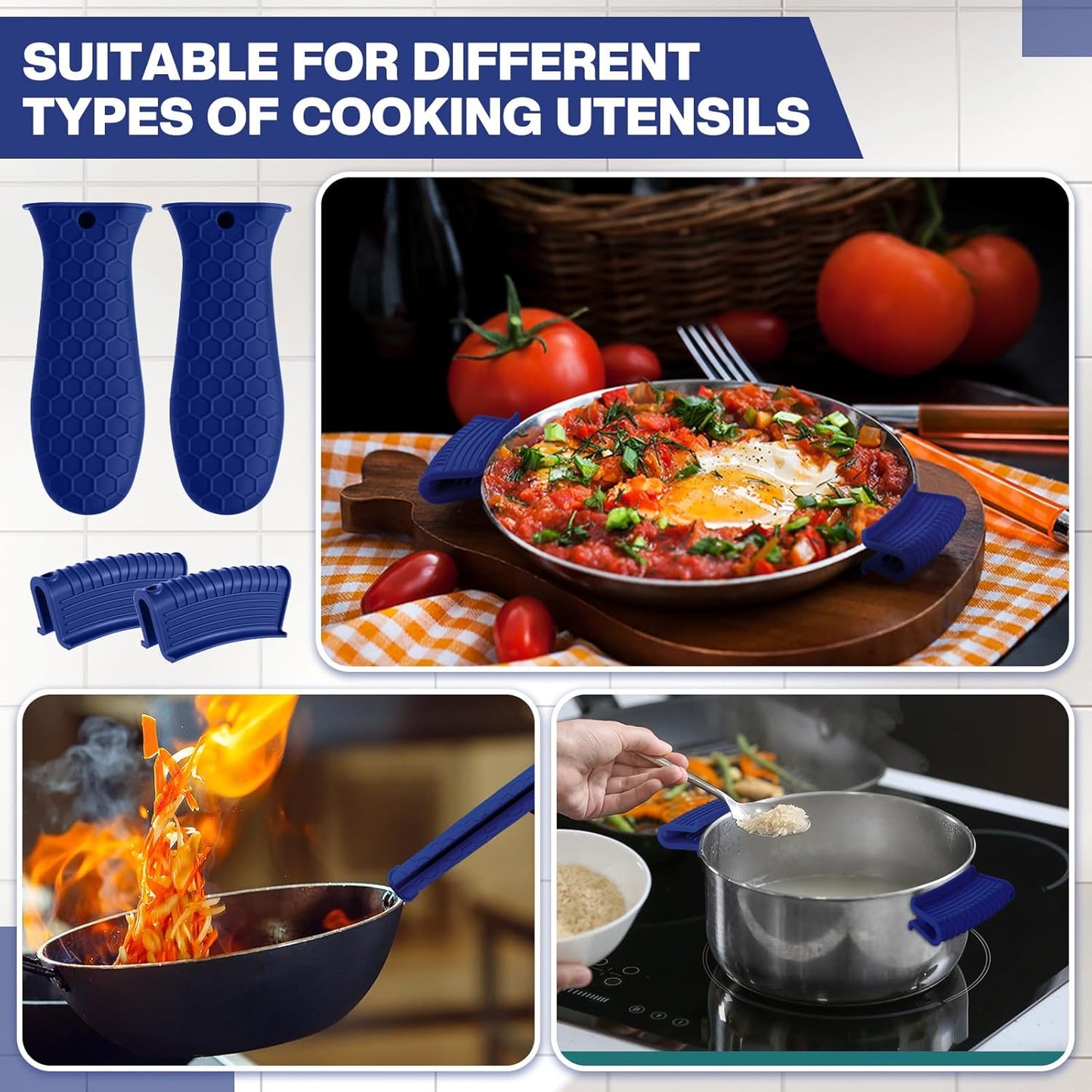 Patelai 8 Pcs Silicone Pot Holders Set Cast Iron Handle Cover Heat Resistant Pot Handle Covers Potholder Non Slip Reusable Pan Sleeve for Frying Pan Kitchen Supplies (Navy Blue)