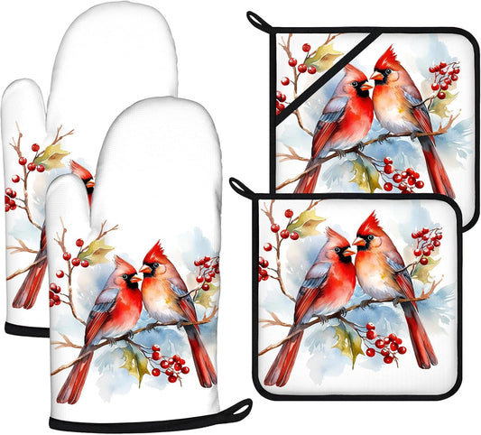 Red Cardinal Birds Oven Mitts and Pot Holders Sets 4Pcs,Extra Long Oven Gloves Potholder for Kitchen Cooking Baking BBQ 100% Cotton Heat Resistant