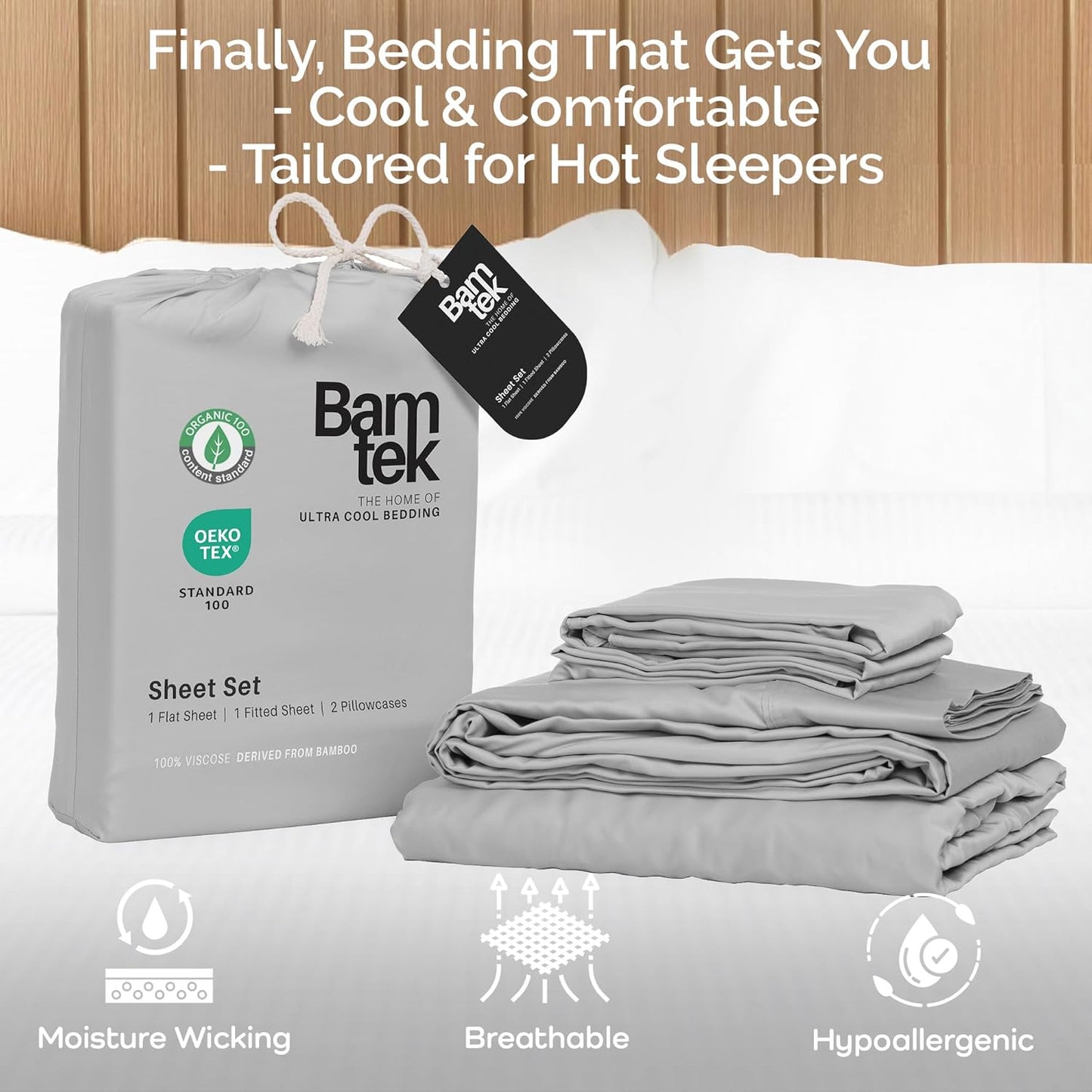 100% Viscose from Bamboo Sheets Full Size, Super Soft Bedding Set, 4PC Cooling Sheets for Hot Sleepers, Vegan Silk Moisture Wicking, Organically Grown Bedsheet, Gray Mist - 54" x 75"