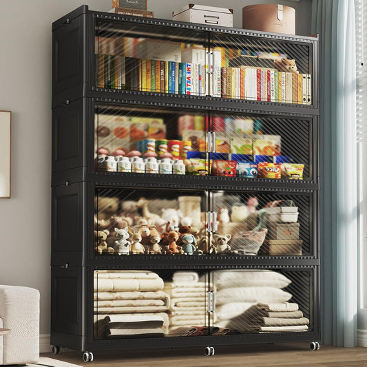 320GAL Extra Large Storage Bins with Lid, 1280QT Plastic Stackable Storage Bins with 6x Wheels, Collapsible Closet Organizer and Storage Drawer Cabinet for Living Room Office Dorm, 4Pack Black