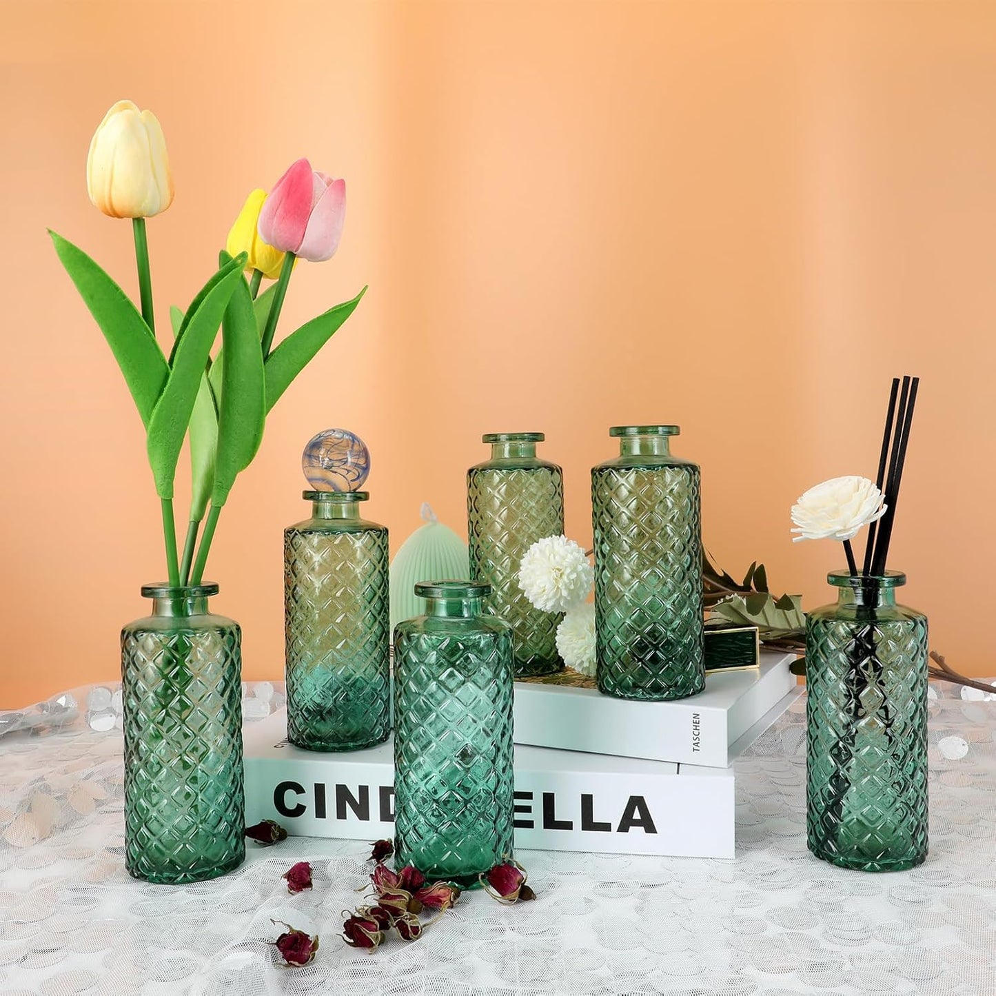 Glass Flower Vase, Green, Aromatherapy Bottle, Small Vase, 6 Sets, Simple Style, Centerpieces for Table, for Home Decoration, Birthday, Wedding