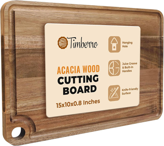 Acacia Wood Cutting Board (15x10x0.8 In.) - Solid Organic Wooden Meat Boards for Kitchen, Real Hardwood Chopping Butcher Block with Deep Juice Groove Well for Counter