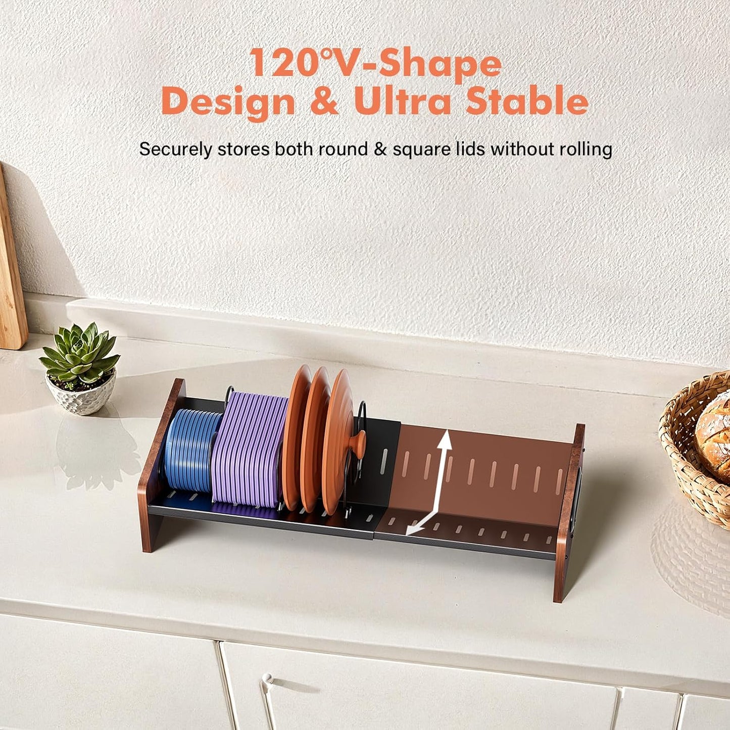 Expandable Food Container Lid Holder Organizer, Adjustable 13.97-22 Inch V-Shaped Kitchen Cabinet Storage Rack with 20 Slots & 6 Adjustable Dividers for Lids, Cutting Boards, Baking Pans