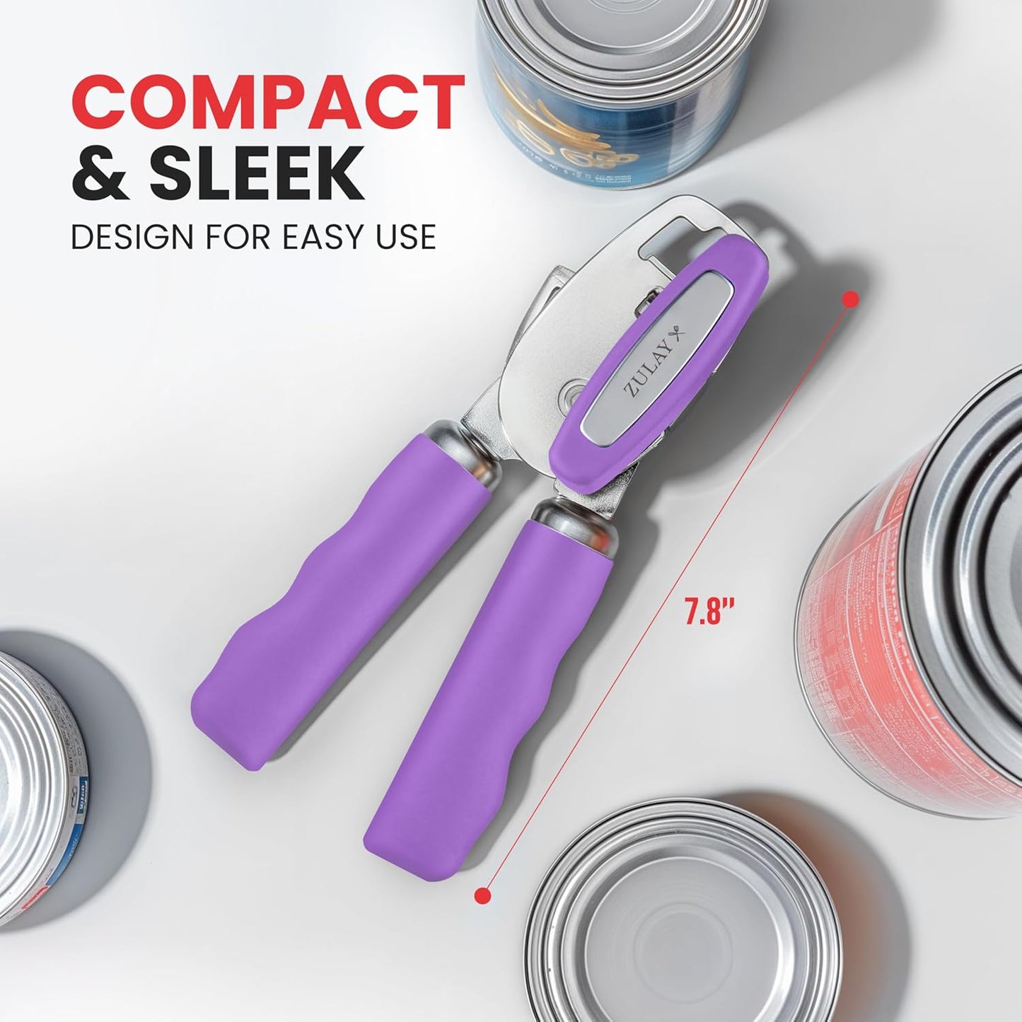 Zulay Kitchen Heavy Duty Stainless Steel Can Opener Manual with Bottle Opener - Rust Proof Manual Can Opener With Turn Knob & Comfy Soft Grip Handles - Purple