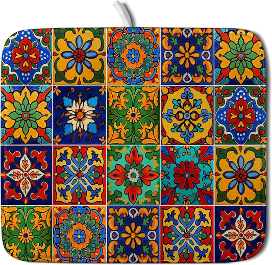 Mexican Tiles Dish Drying Mat for Kitchen Counter Absorbent Microfiber Dish Drying Pad Kitchen Gadgets Multi-use