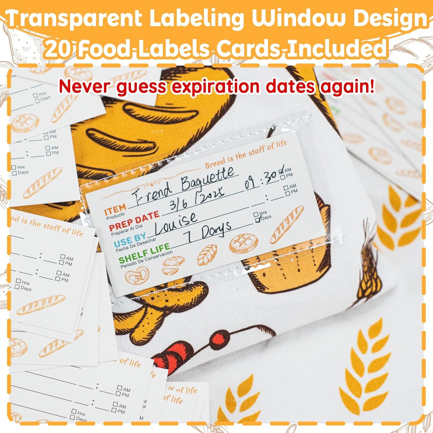 2-PACK Reusable Beeswax Bread Bag for Homemade Bread & Sourdough Loaf, Fridge-Safe Dual-Zip Storage Container with Natural Cotton & Beeswax Lining Lock Freshness, Dates Lable Cards Included