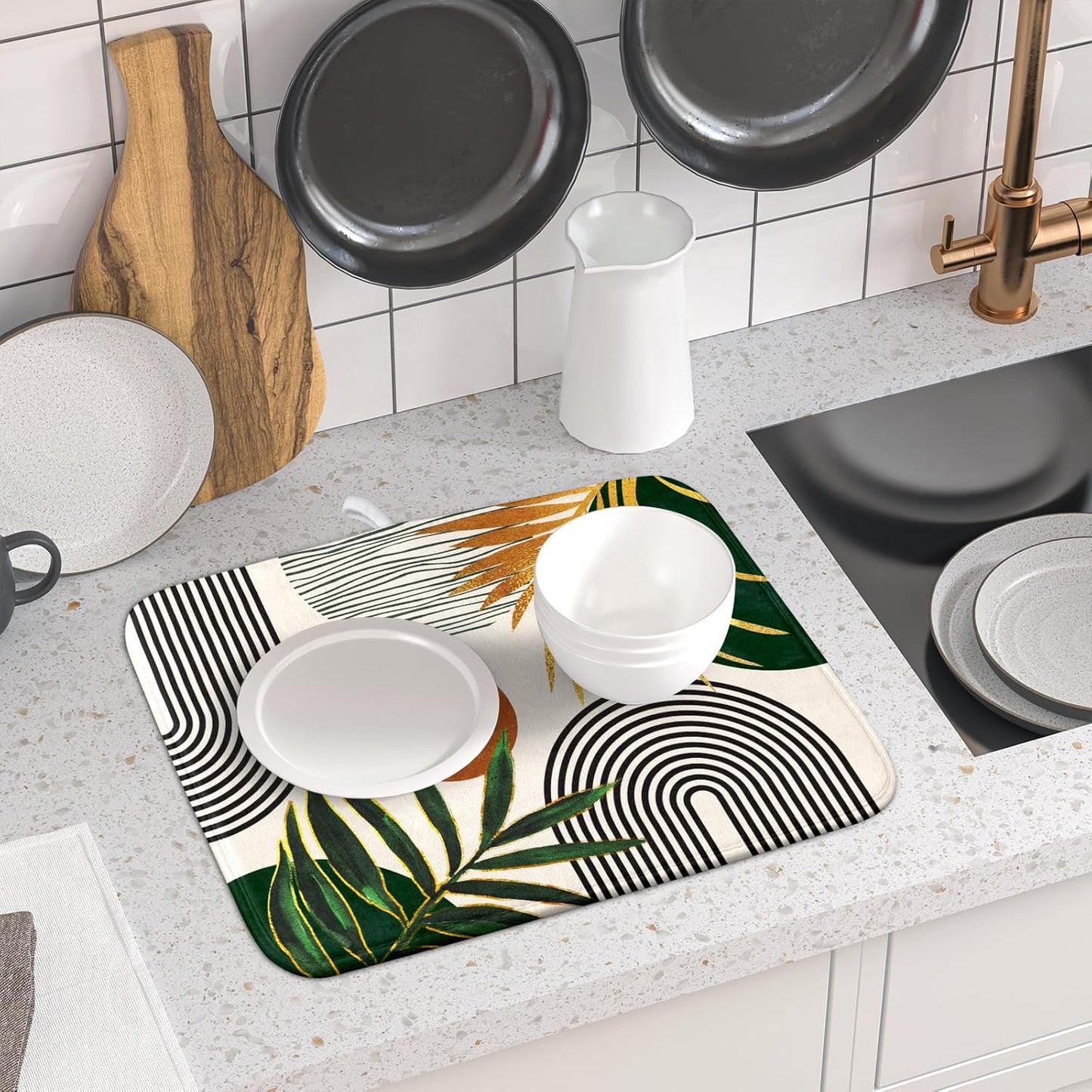 Boho Leaves Dish Drying Mat 16x18 inch Mid Century Absorbent Drainer Rack Mats Fast Dry Bottles Dish Dry Pad Protector Kitchen Accessories