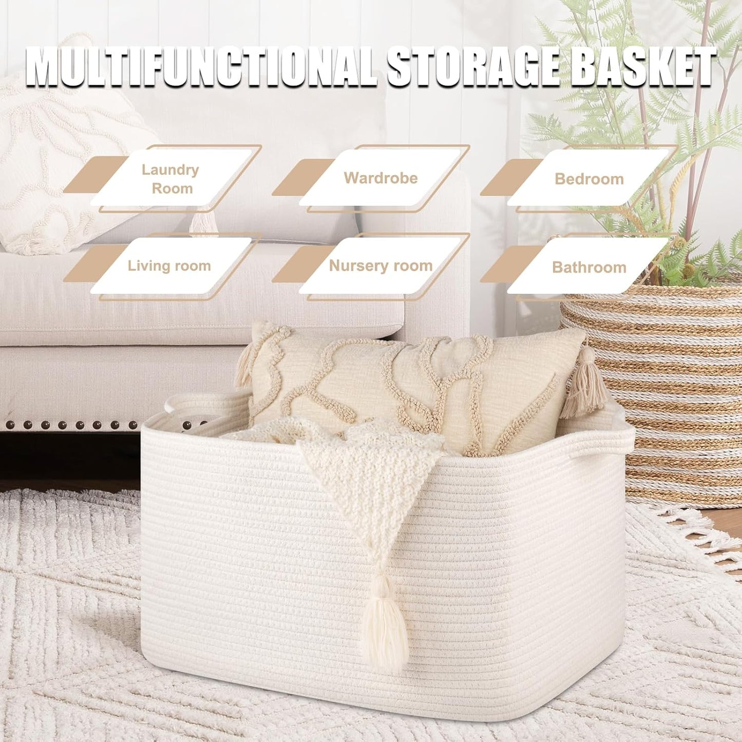 65L Large Storage Basket, Cotton Rope Woven Blanket Basket, Toy Storage for Baby Room, Living Room, White