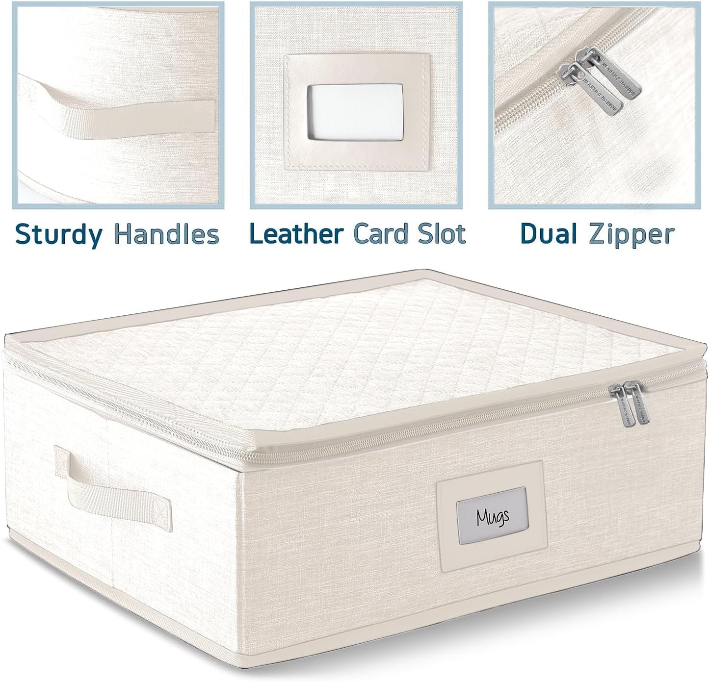 Fine China Storage Containers, 5 Piece Quilted Dish Storage Containers, Mug, Cup, and Plate Dish Organizer with Felt Dividers, Service of 12 Dinnerware Boxes for Moving, Seasonal Organization, Cream