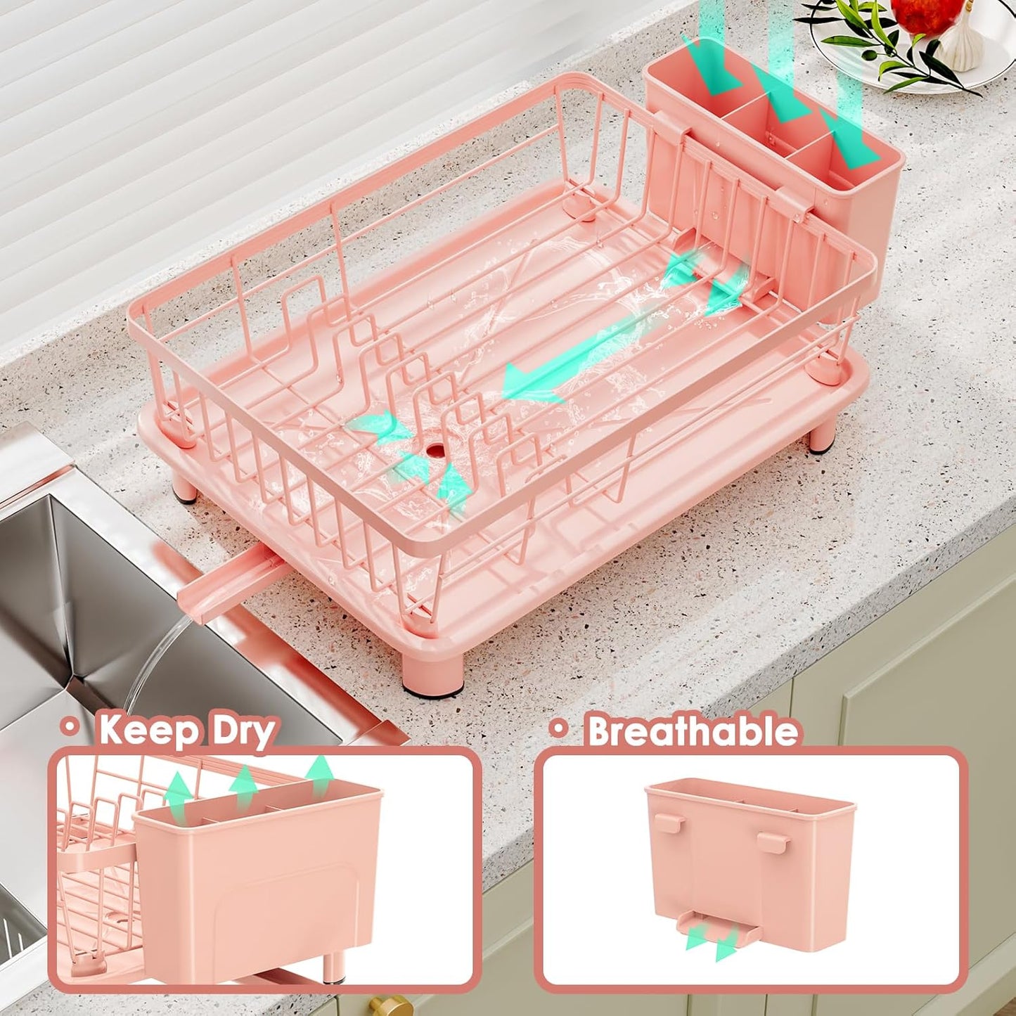 Dish Drying Rack, Space-Saving Dish Rack, Dish Racks for Kitchen Counter, Kitchen Dish Drainers with Removable Utensil Holder,Plate Rack and Drainboard, 11''W x 15''L, Pink