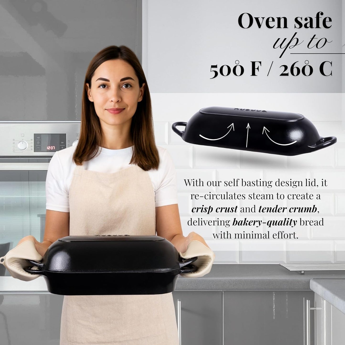 Enamelled Cast Iron Bread Loaf Pot – Dutch Oven For Sourdough Bread Baking – Oven Safe Non Stick Bread Pot – Rectangular, Black, 34cm x 16cm – by Nuovva