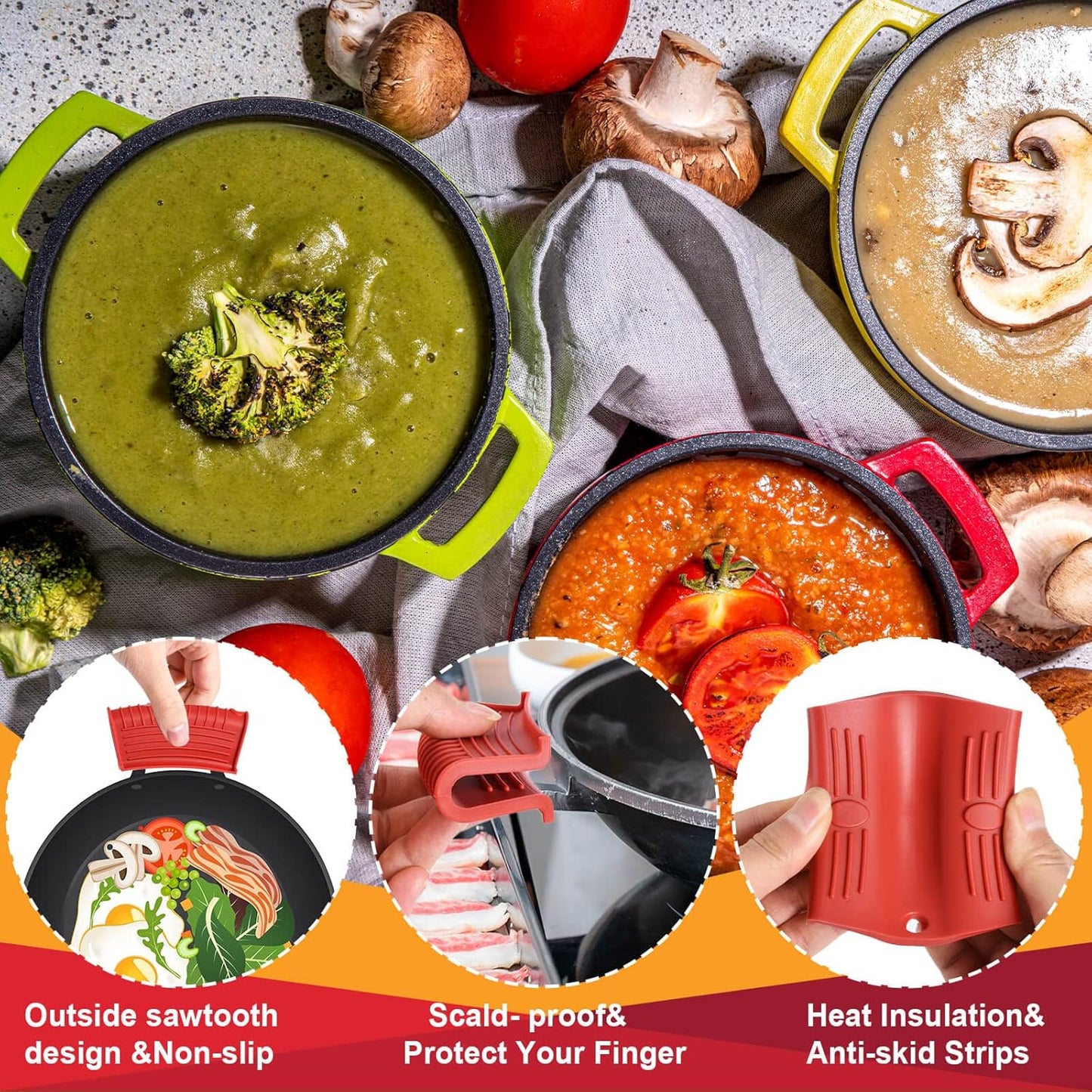 5 Pcs Cast Iron Handle Cover, Silicone Hot Handle Holder, Heat Resistant Cast Iron Skillet Covers Potholder for Frying Pans and Griddles Kitchen Supplies