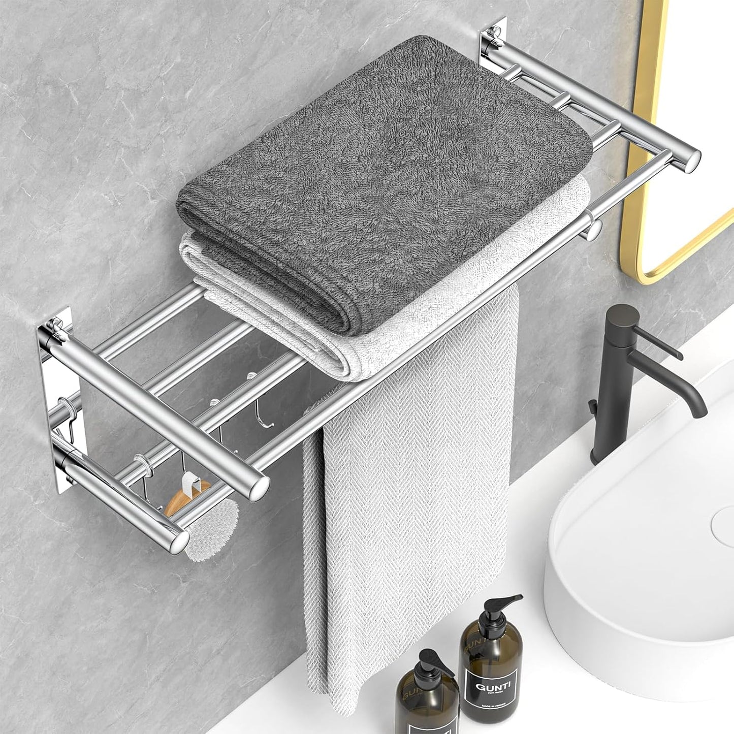 Adjustable Towel Bar for Bathroom Wall Mount17-30.7inch Adhesive Shower Towel Rack Stainless Steel Bath Towel Holders for Toilet Kitchen Double Towel Hanger (Mobile Hook Towel Rack)