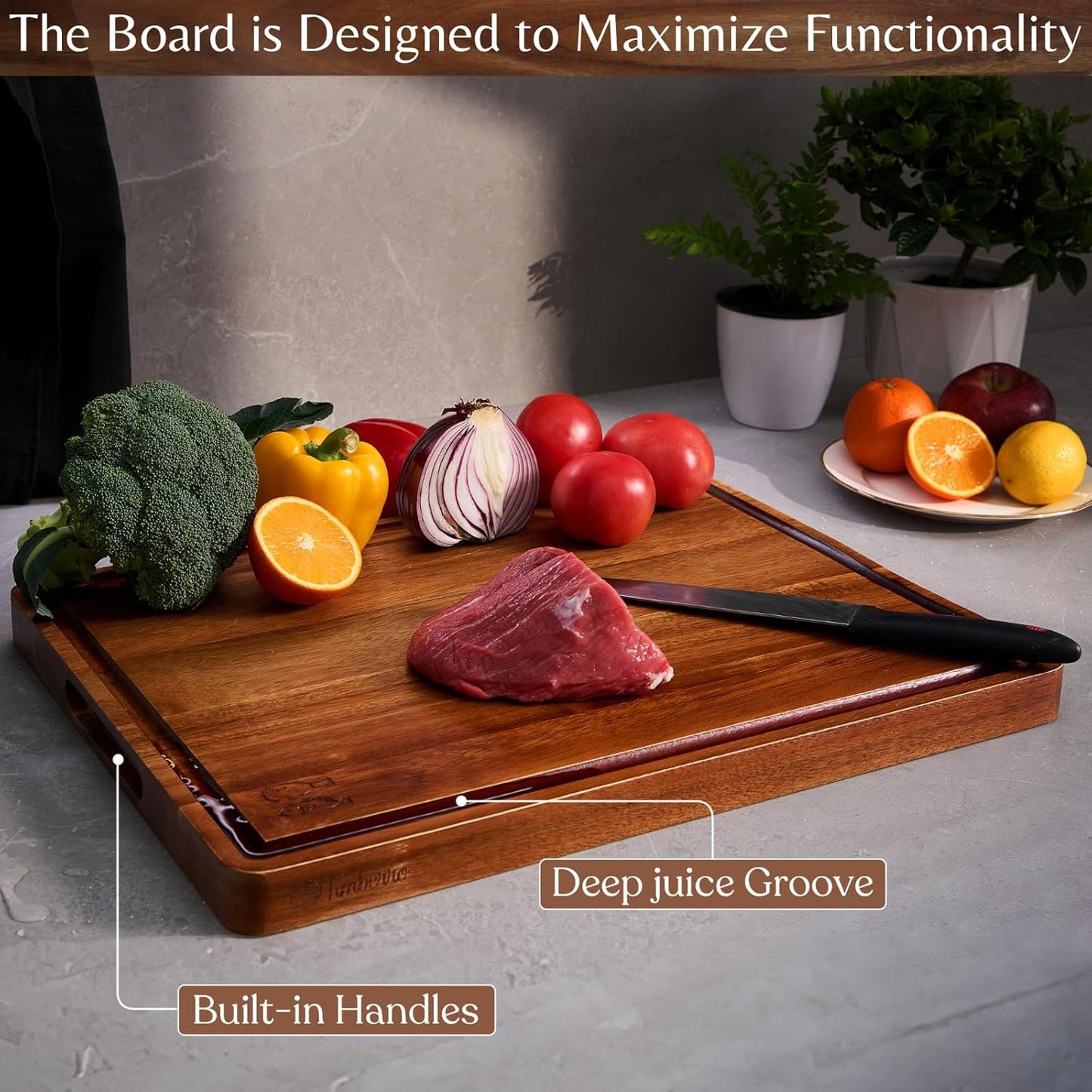 Acacia Wood Cutting Board (17x12x1.2 In.) - Big Wooden Non Toxic Hardwood Organic Meat Steak Chef Butcher Block Boards for Kitchen with Juice Groove