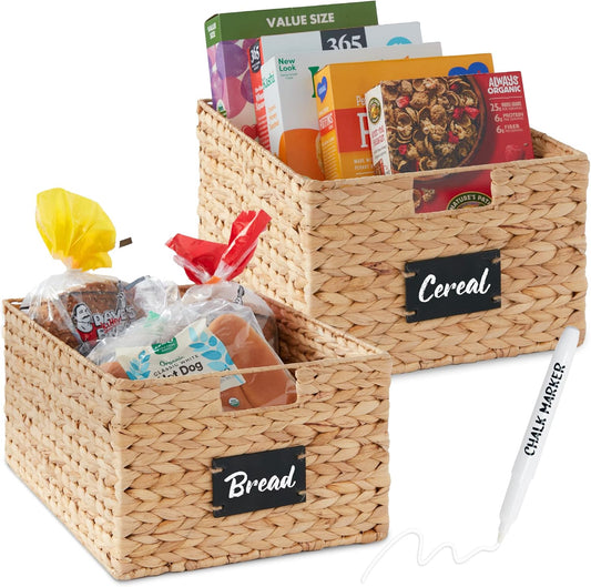 Best Choice Products Pantry Baskets Set of 2 16x12in Water Hyacinth Storage Baskets, Woven Wicker Organizers with handles w/Chalkboard Label Chalk Marker - Natural