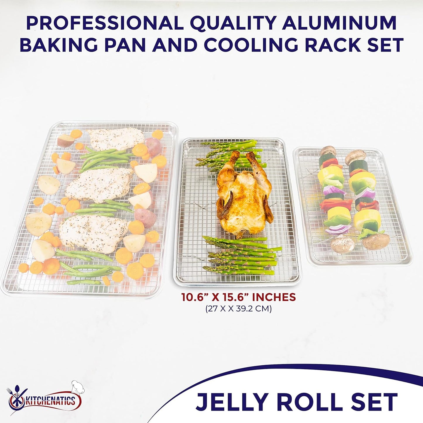KITCHENATICS Aluminum Jelly Roll Pan 15x10 and Stainless Steel Rack Set, Baking Pan with Rack for Oven Cooking, Baking Sheet with Cooling Rack - Heavy Duty Sheet Pan and Bacon Rack